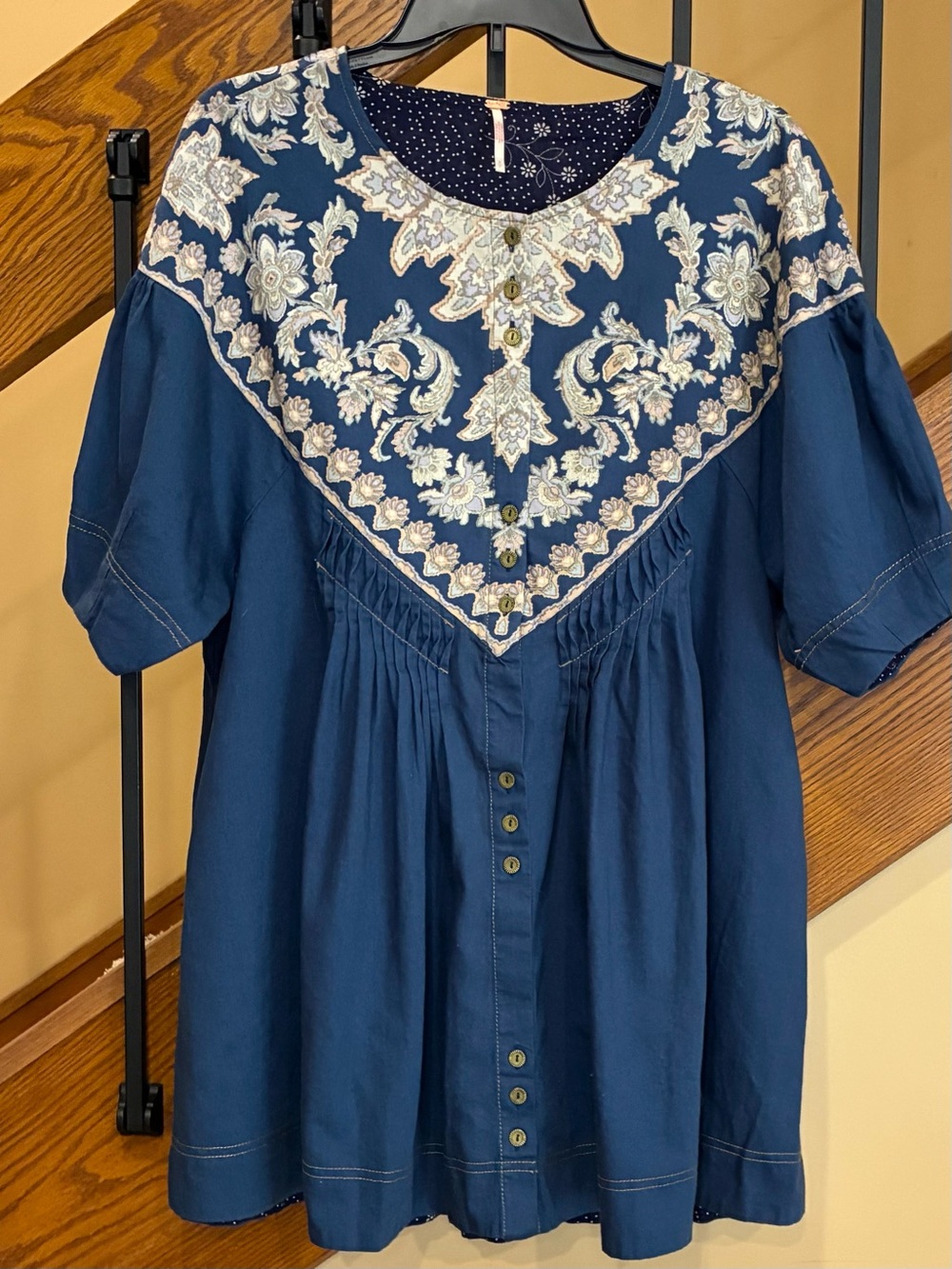 Free People Orson Mini Dress ornate floral embroidered yoke blue SZ. Small